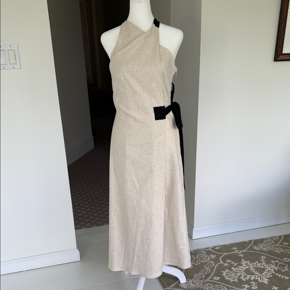 Beige Linen Halter Tie-Waist Maxi Dress